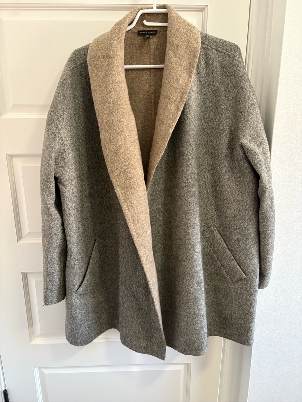 Eileen Fisher Gray Coat with Tan Shawl Collar